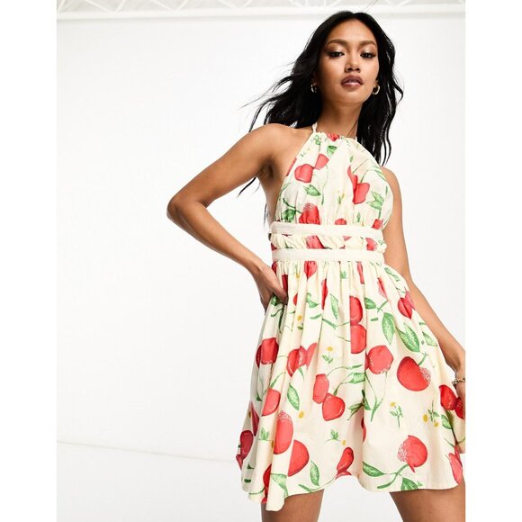 ASOS DESIGN halter mini sundress with strappy back in cherry print size US 6 - Picture 1 of 5